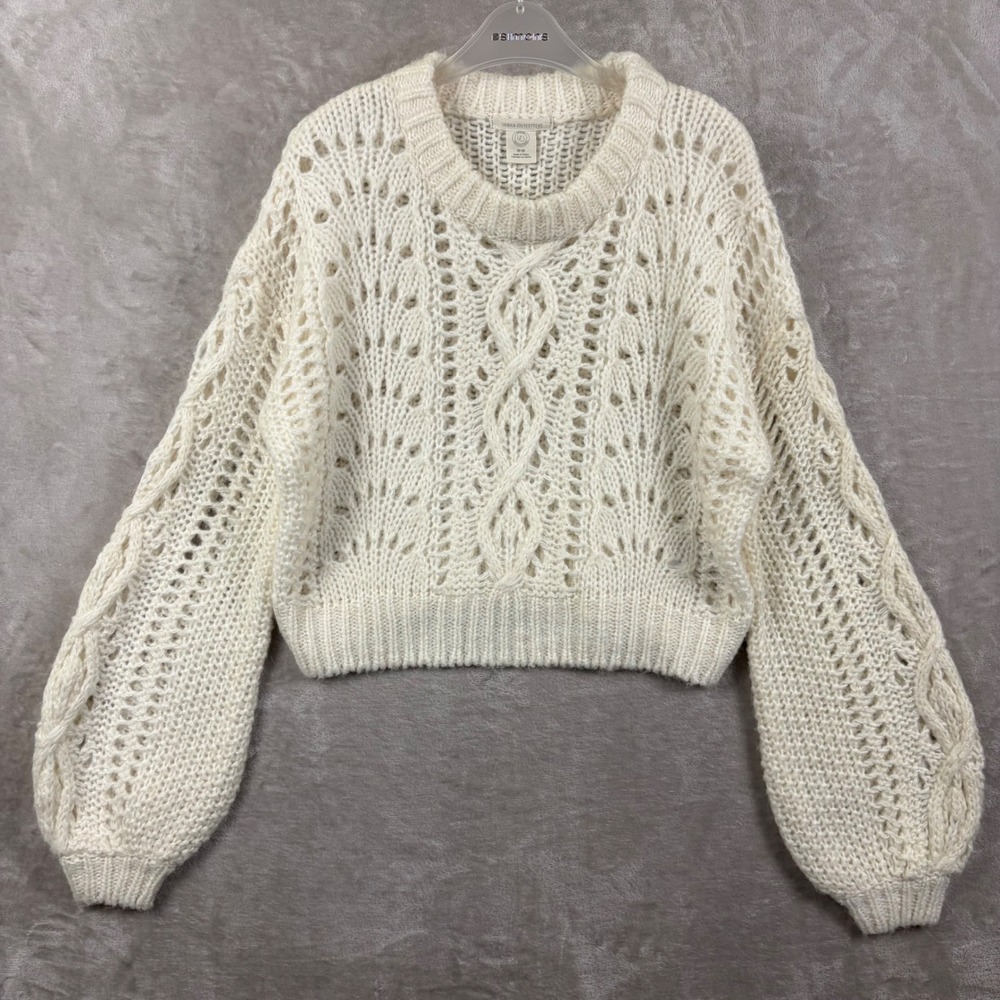 Urban Outfitters Ivory Pointelle Cable Knit Cropped Sweater Alpaca Blend M Boho
